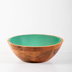 Acacia Wood Salad Bowl with Enamel Aqua