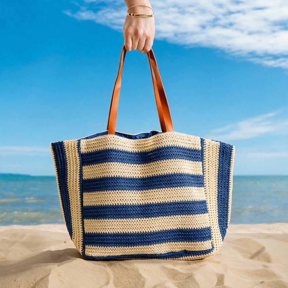 Beach Bag Straw Stripe Blue-Beach Bag