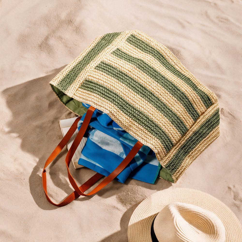 Beach Bag Straw Stripe Green-Beach Bag