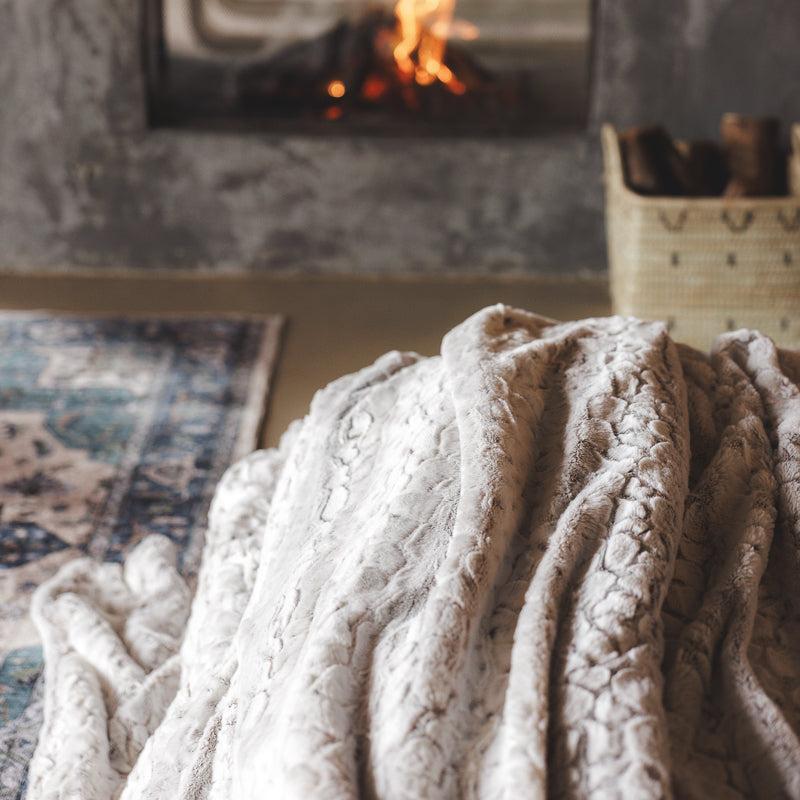 Brushed Printed Faux Fur Blanket - Snow Leopard Natural-BLANKET