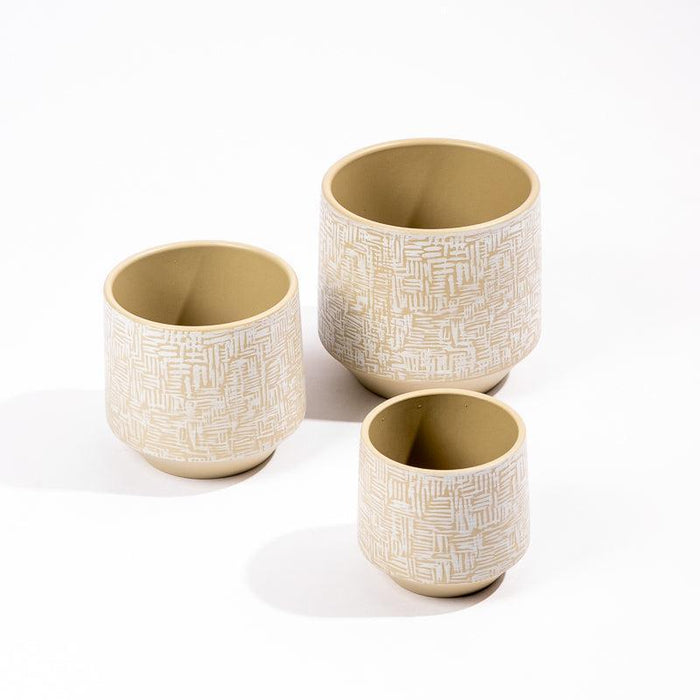 Ceramic Planter Etched - Taupe Criss Cross-Décor