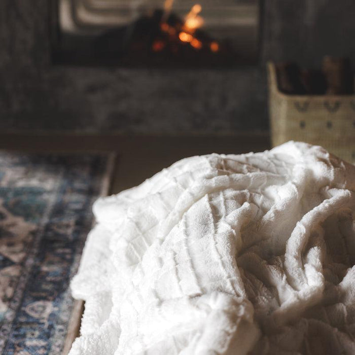 Checked Faux Fur Rabbit Blanket - Winter White-BLANKET