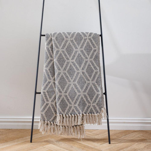 Cotton Bay Fringe Throw Geometric Dark Grey-Throws