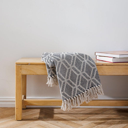 Cotton Bay Fringe Throw Geometric Dark Grey-Throws