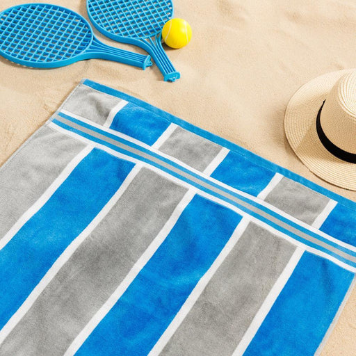 Cotton Bay Laguna Stripe Velour Beach Towel Royal Blue and Ash Grey-Beach Towels