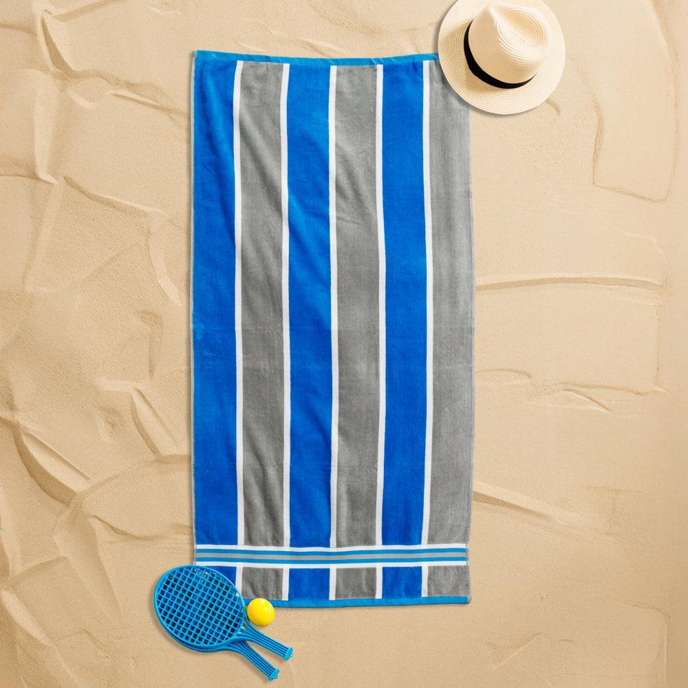 Cotton Bay Laguna Stripe Velour Beach Towel Royal Blue and Ash Grey-Beach Towels