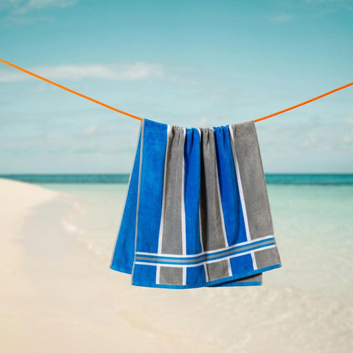 Cotton Bay Laguna Stripe Velour Beach Towel Royal Blue and Ash Grey-Beach Towels
