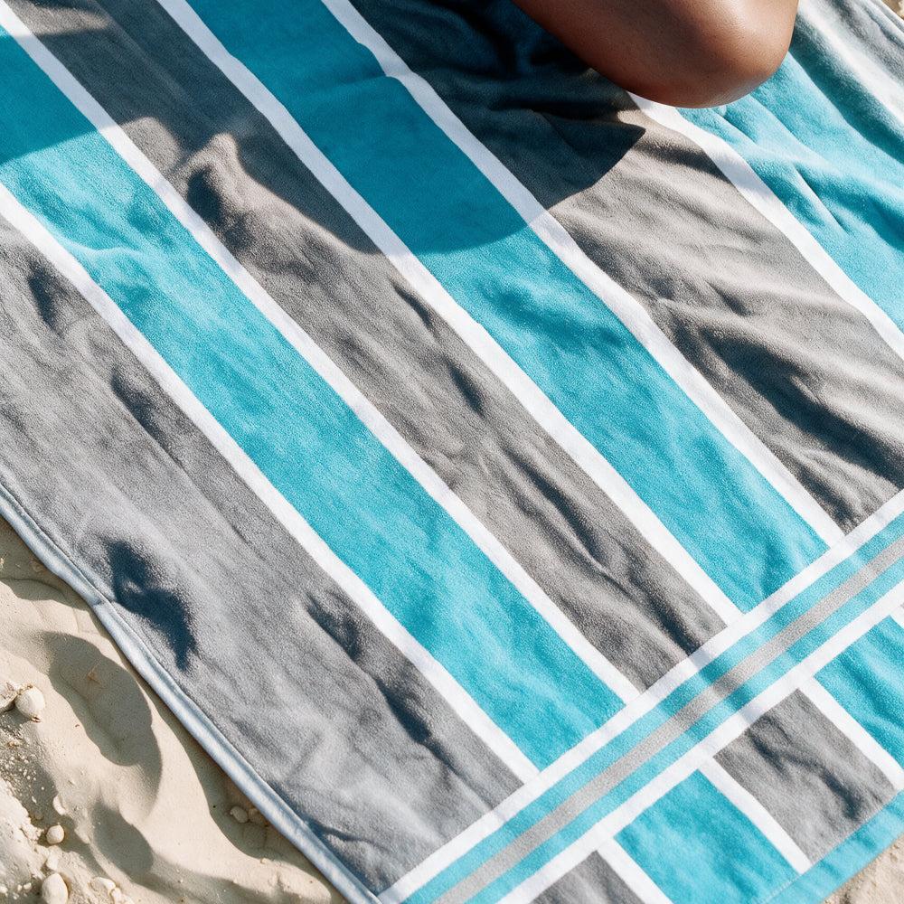 Cotton Bay Laguna Stripe Velour Beach Towel Sea Blue and Grey-Beach Towels