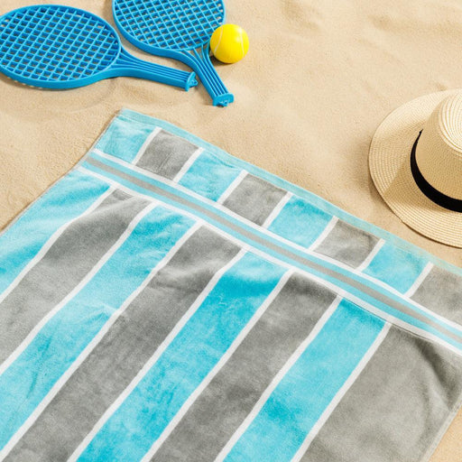 Cotton Bay Laguna Stripe Velour Beach Towel Sea Blue and Grey-Beach Towels