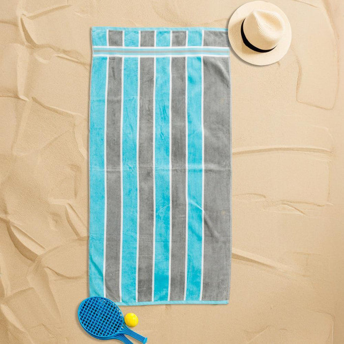 Cotton Bay Laguna Stripe Velour Beach Towel Sea Blue and Grey-Beach Towels