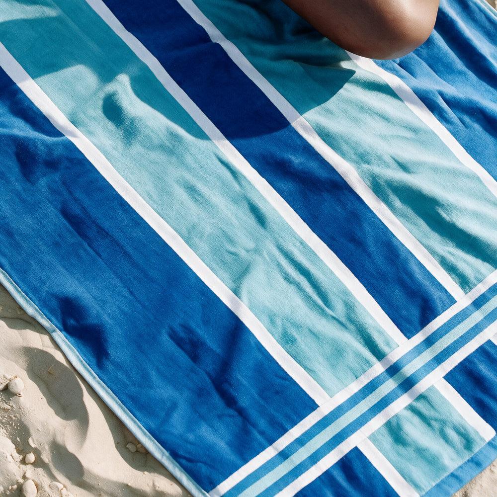 Cotton Bay Laguna Stripe Velour Beach Towel Sky and Royal Blue-Beach Towels