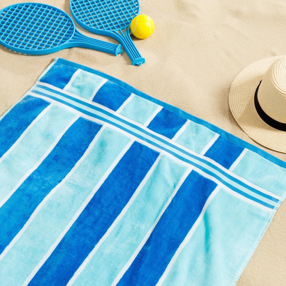 Cotton Bay Laguna Stripe Velour Beach Towel Sky and Royal Blue-Beach Towels