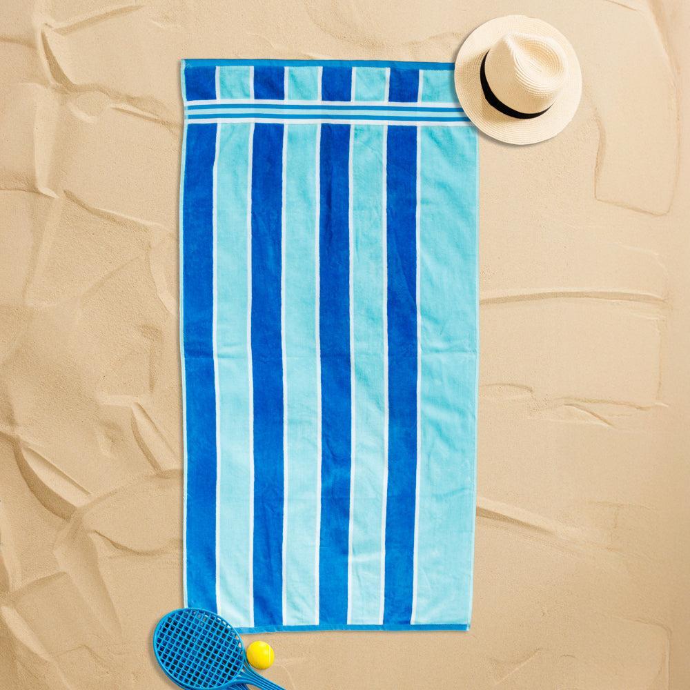 Cotton Bay Laguna Stripe Velour Beach Towel Sky and Royal Blue-Beach Towels