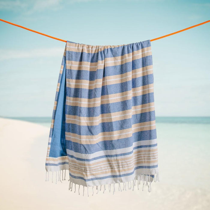 Cotton Bay Unison Stripe Backed Fouta Indigo Blue and Beige-Foutas