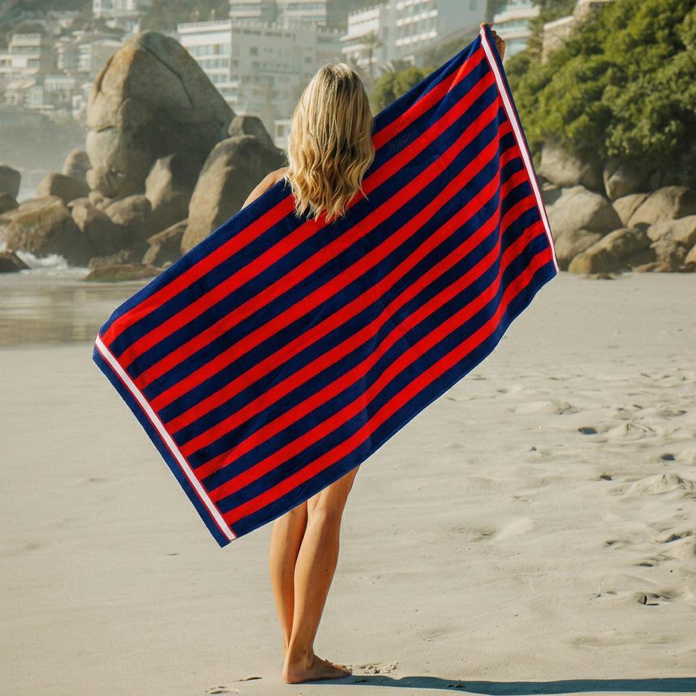 Cotton Bay Velour Stripe Beach Towel Crimson Coast-Beach Towels