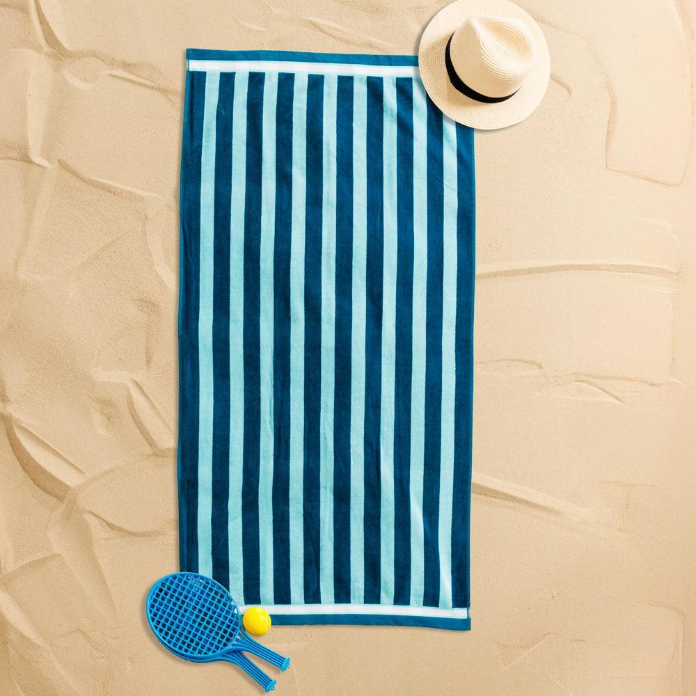 Cotton Bay Velour Stripe Beach Towel Lagoon Tide-Beach Towels