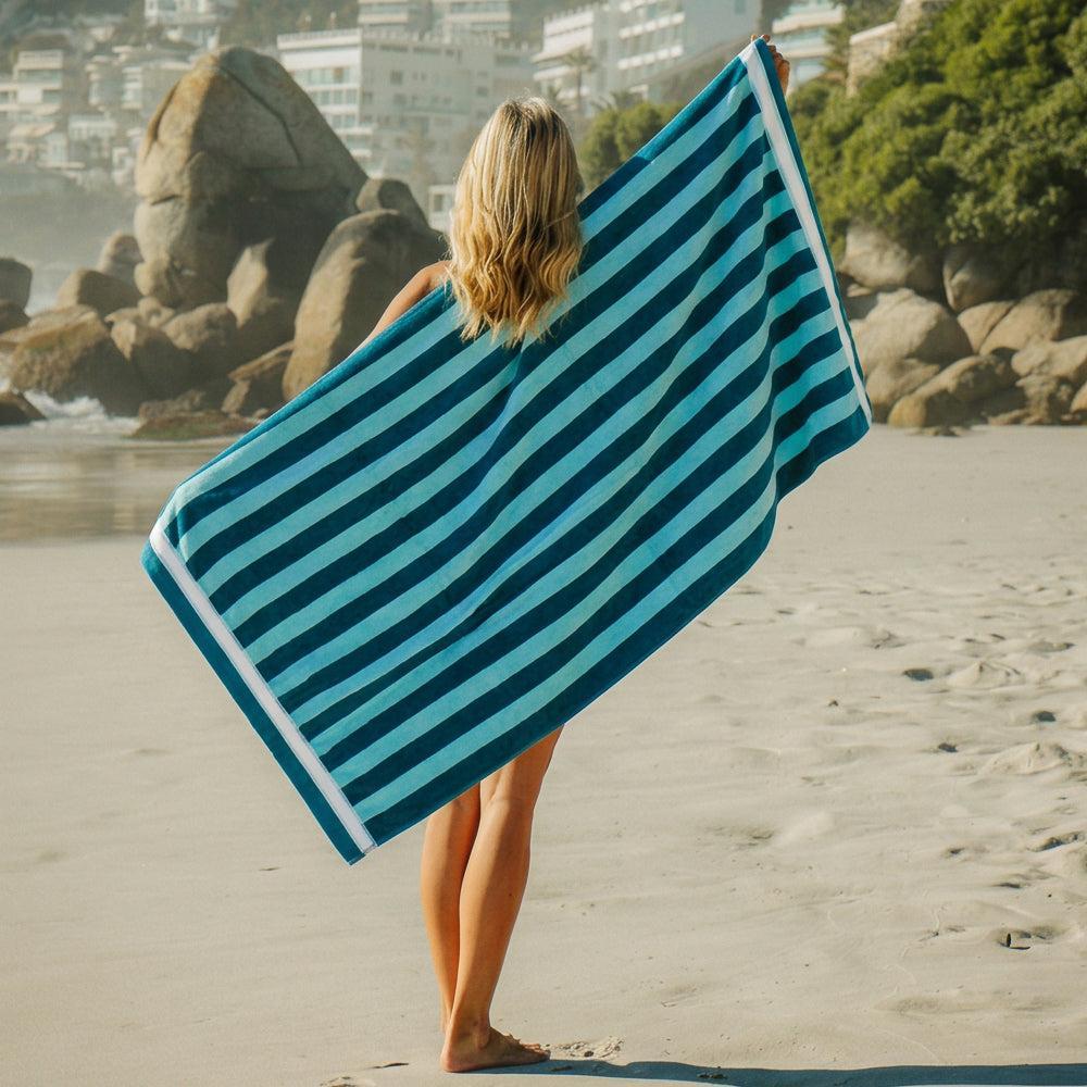 Cotton Bay Velour Stripe Beach Towel Lagoon Tide-Beach Towels