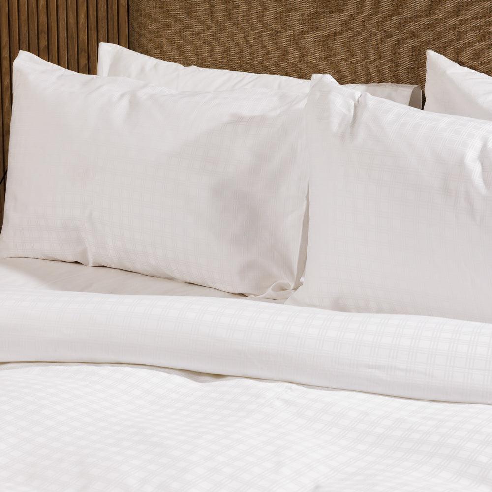 Cotton Club 450 Thread Count Jacquard Plaid Duvet Cover Set White-Duvet Cover Sets
