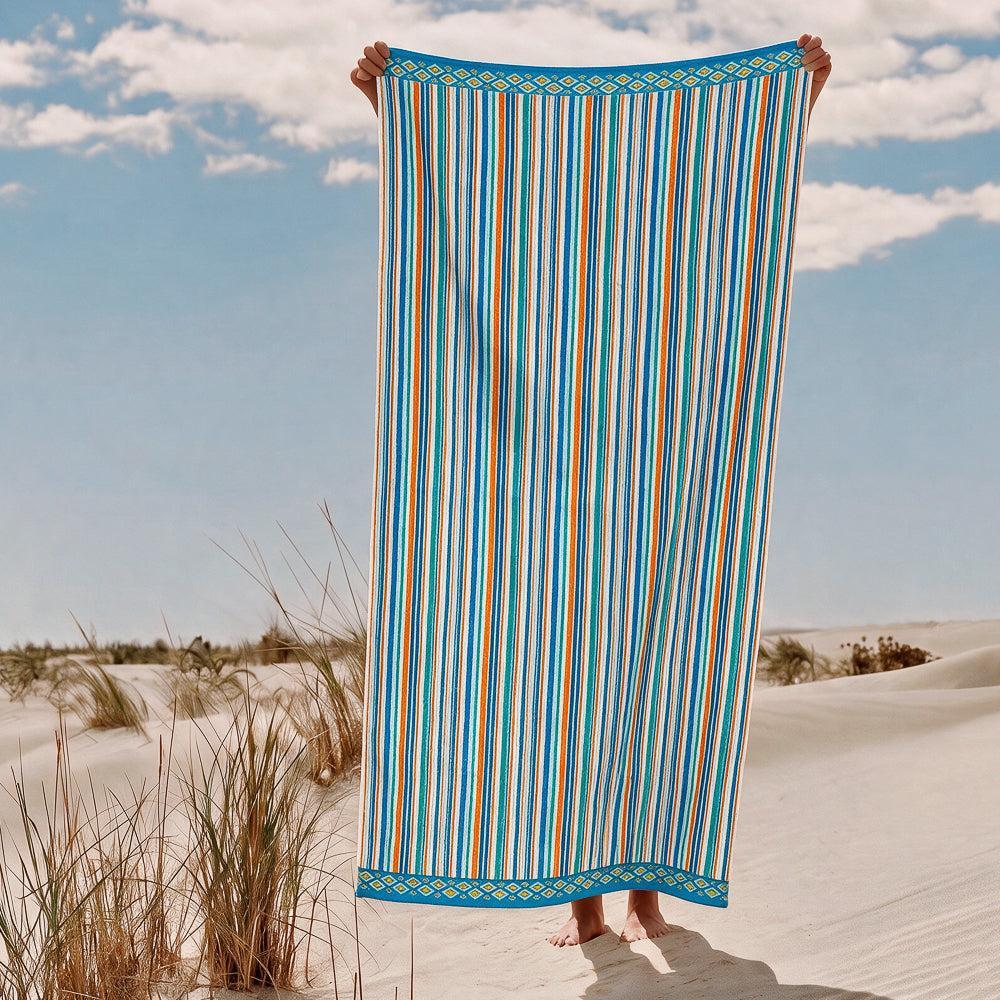 Cotton Collection Bay Breeze Stripes Velour Beach Towel-Beach Towels