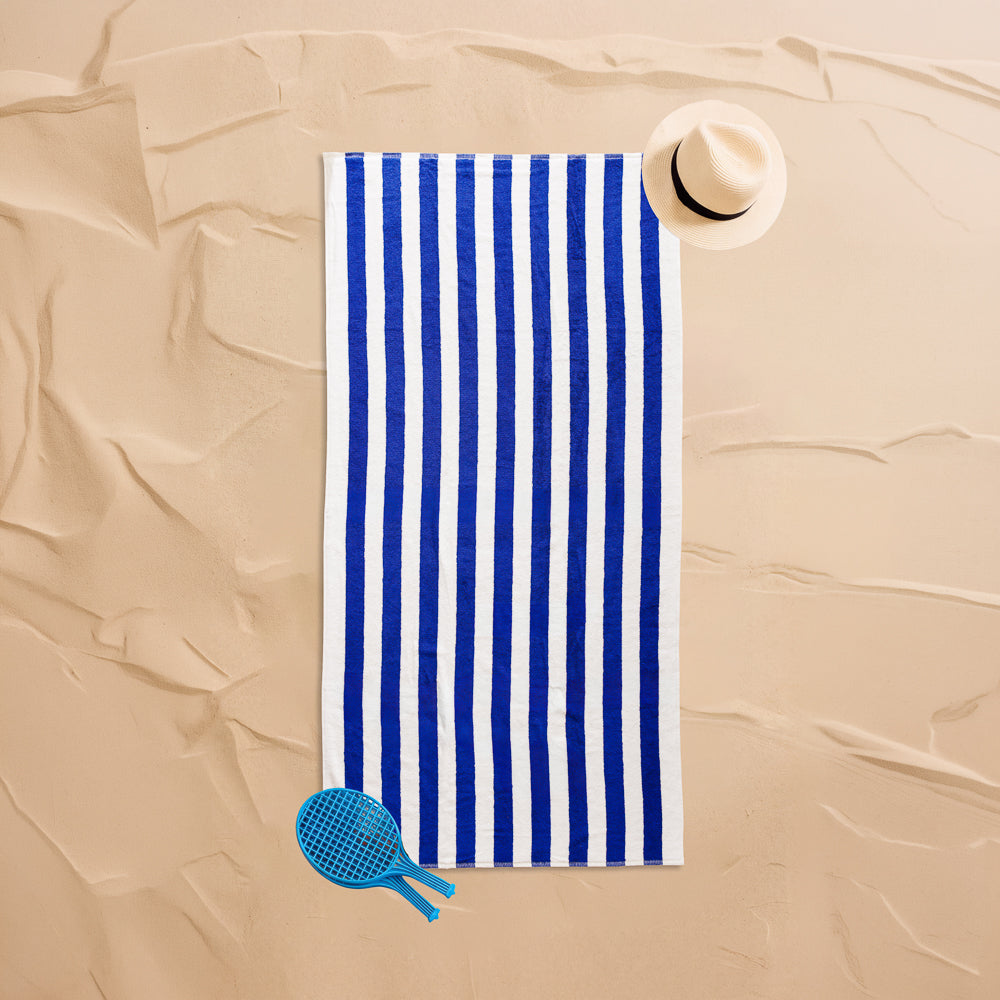 Cotton Collection Jacquard Beach Towel Royal Blue Stripe-Beach Towels