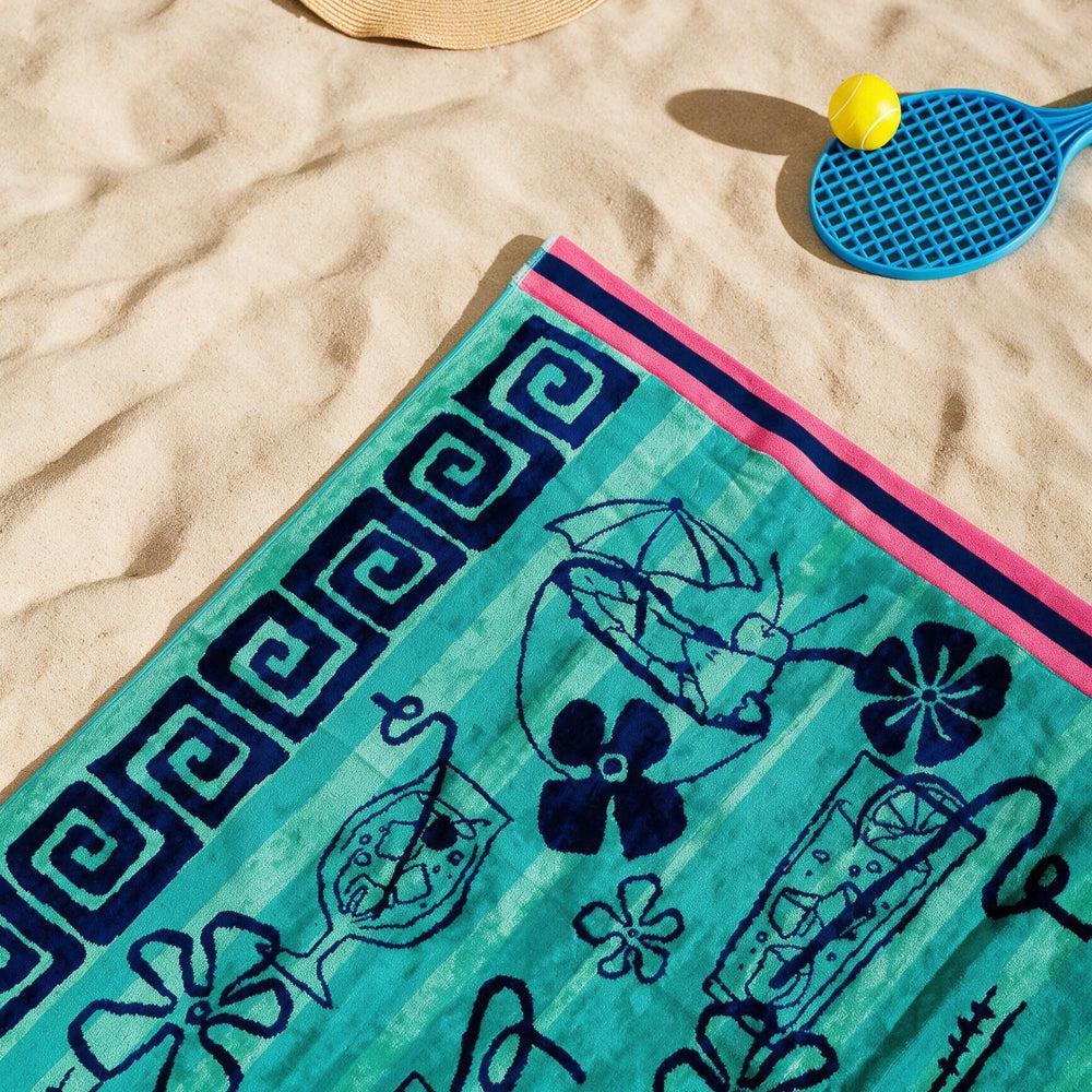 Cotton Collection Velour Ocean Vibes Beach Towel-Beach Towels