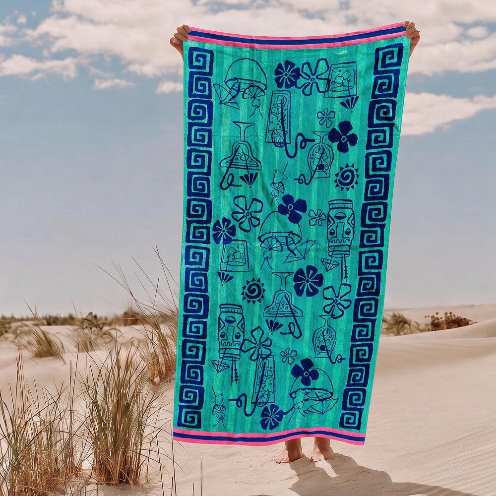 Cotton Collection Velour Ocean Vibes Beach Towel-Beach Towels