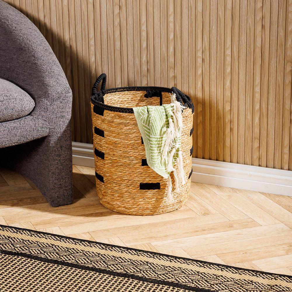 Home.Life Bulrush Basket Black Block Stitch Natural-Storage Baskets