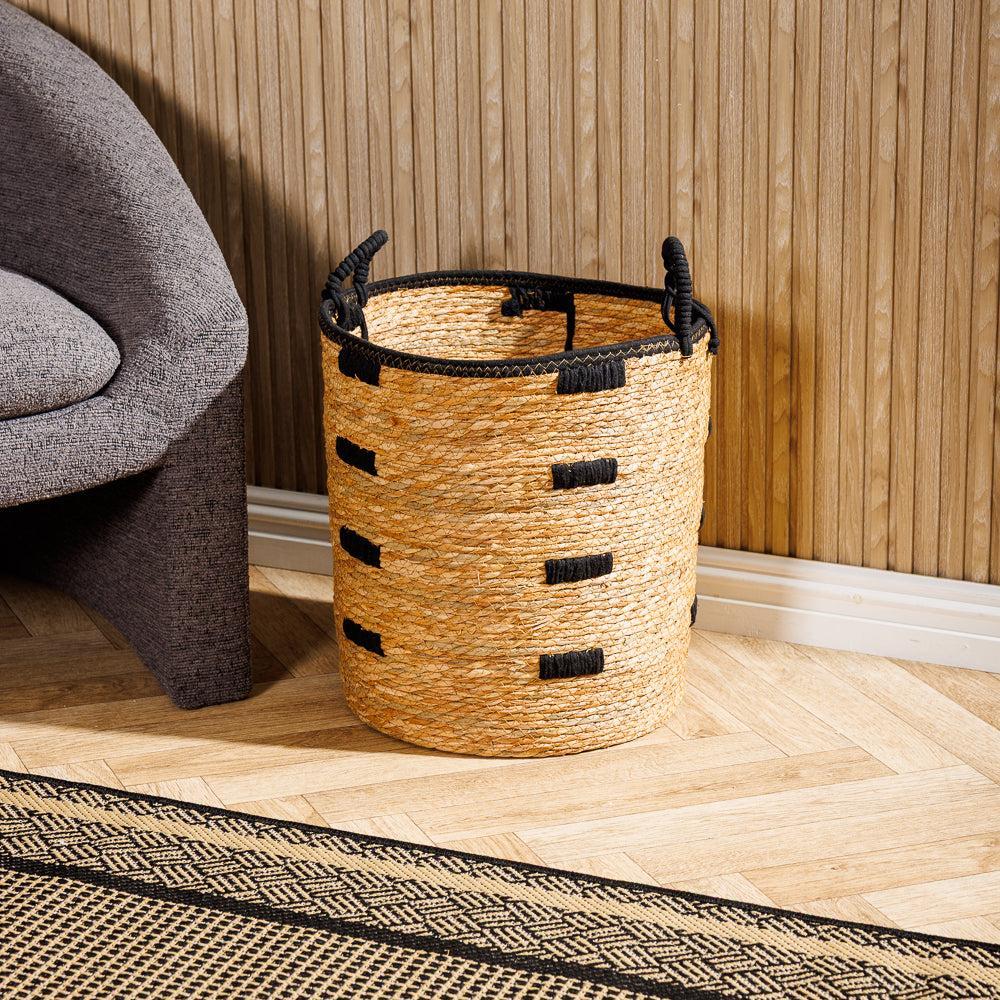 Home.Life Bulrush Basket Black Block Stitch Natural-Storage Baskets