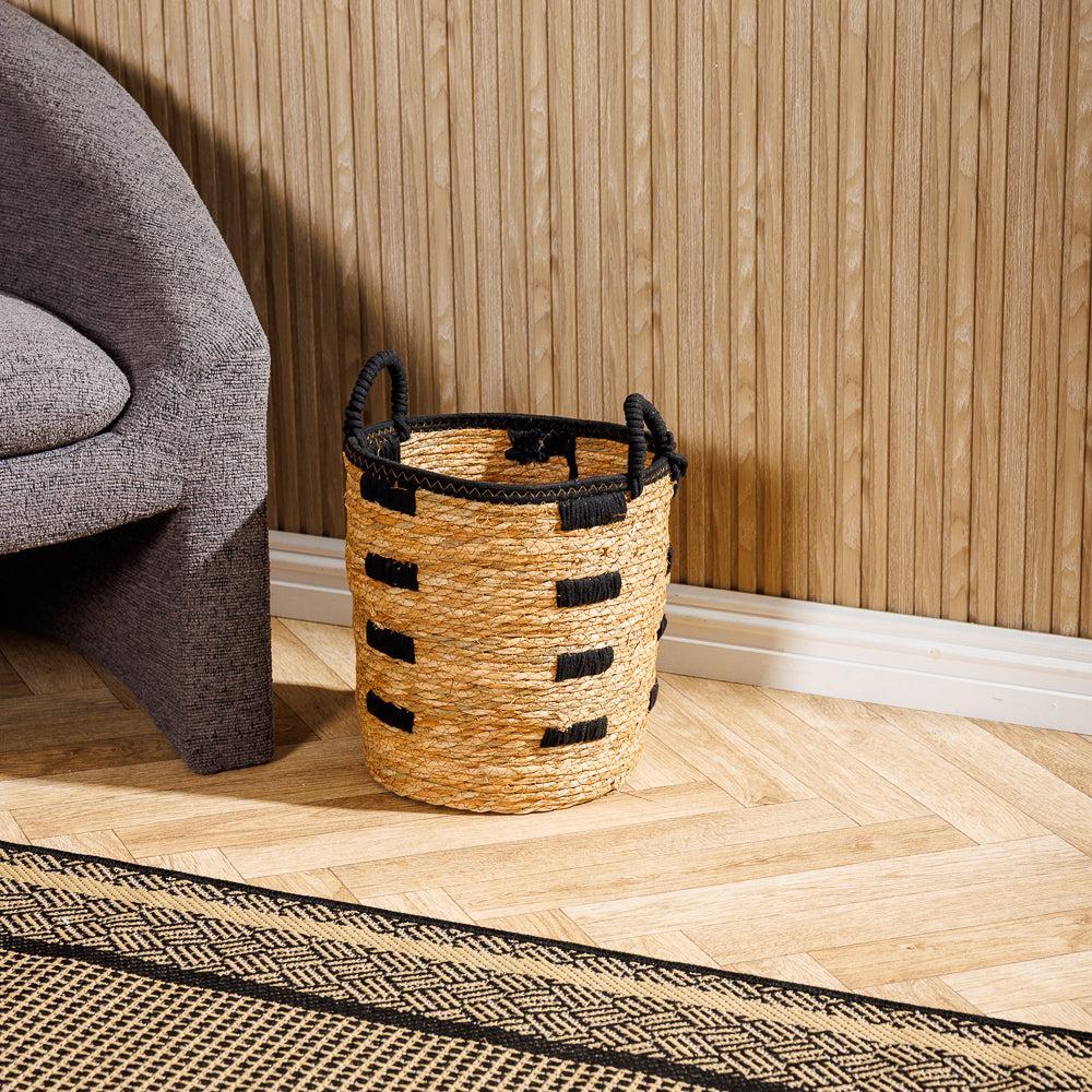 Home.Life Bulrush Basket Black Block Stitch Natural-Storage Baskets