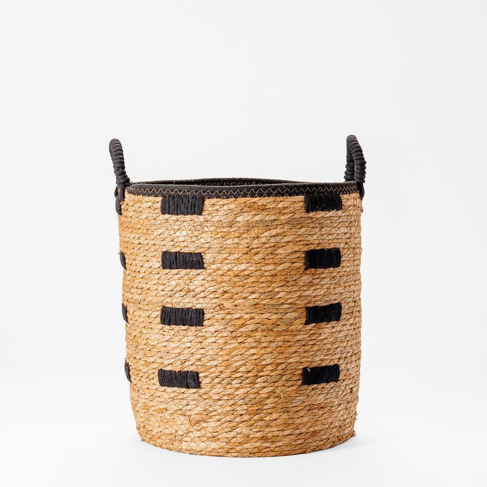 Home.Life Bulrush Basket Black Block Stitch Natural-Storage Baskets
