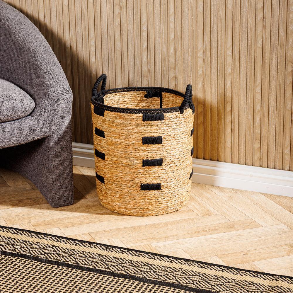 Home.Life Bulrush Basket Black Block Stitch Natural-Storage Baskets