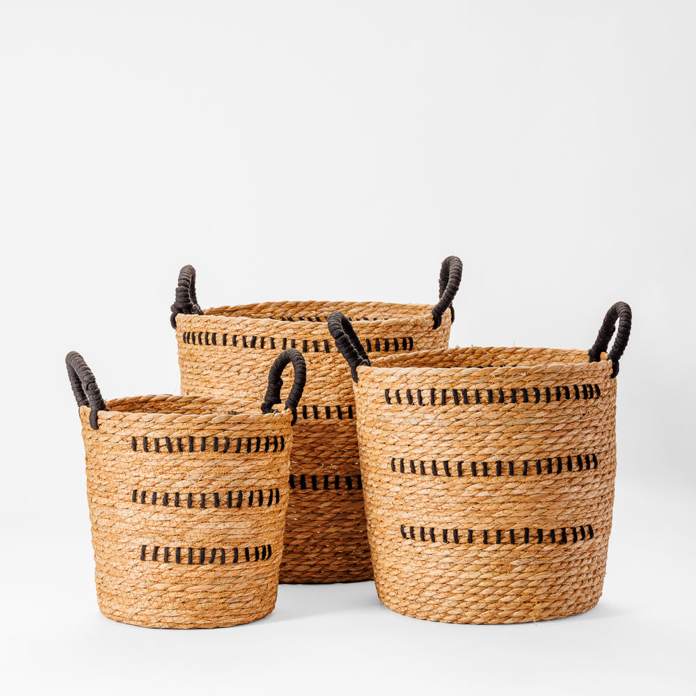 Home.Life Bulrush Basket Black Double Stitch Natural-Storage Baskets
