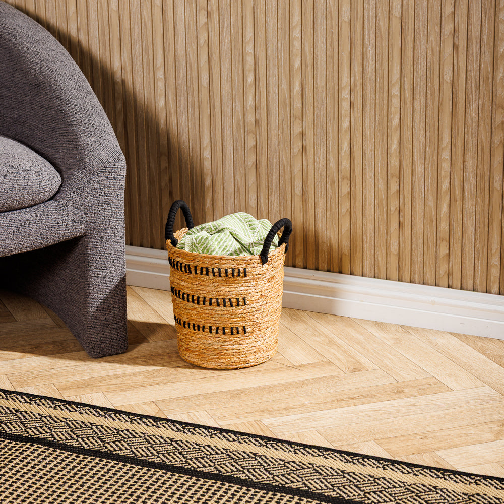 Home.Life Bulrush Basket Black Double Stitch Natural-Storage Baskets