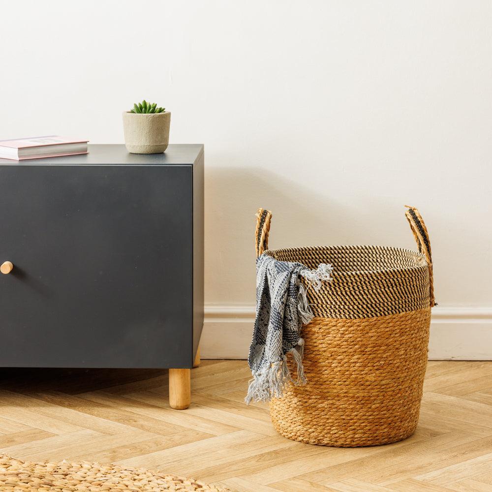 Home.life Bulrush Cotton Loop Handle Basket Black and Natural-Storage Baskets