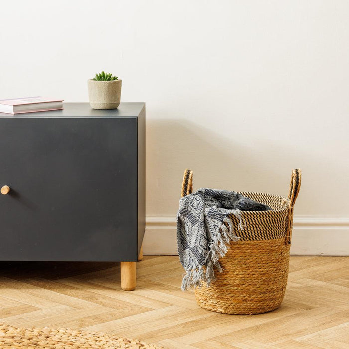 Home.life Bulrush Cotton Loop Handle Basket Black and Natural-Storage Baskets