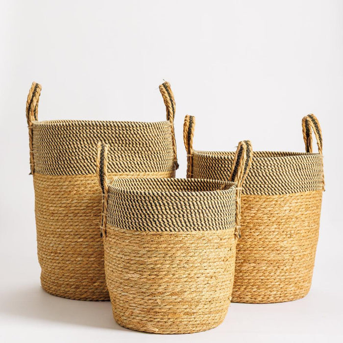 Home.life Bulrush Cotton Loop Handle Basket Black and Natural-Storage Baskets