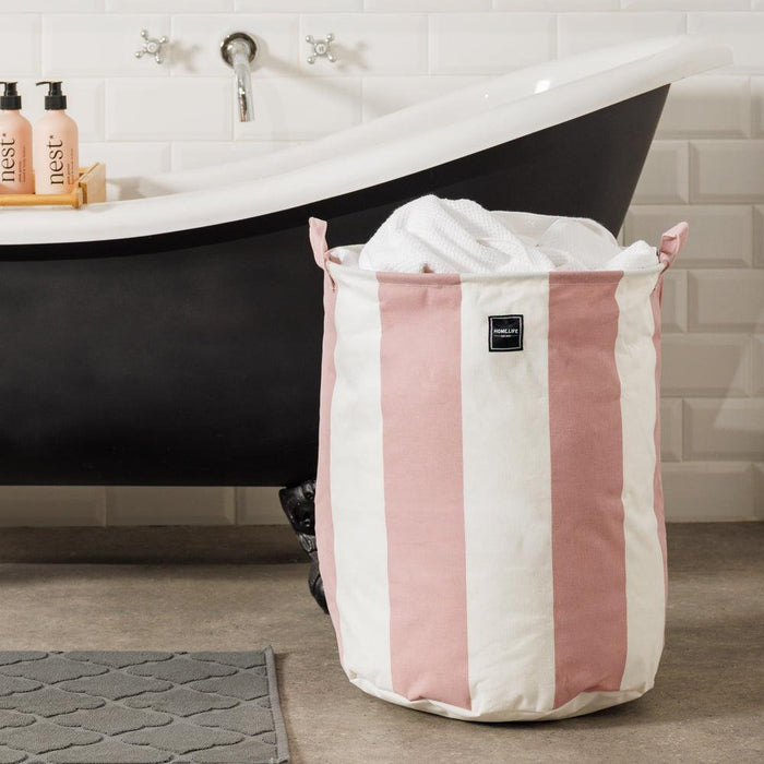 Home.Life Canvas Laundry Storage Bag Broad Stripe Dusty Pink-Laundry Basket