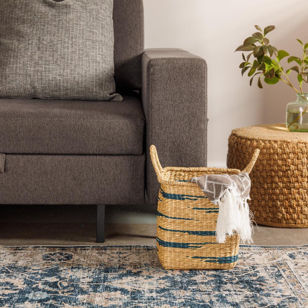 Home.Life Square Seagrass Basket Abstract Line with Handles Midnight Blue-Storage Baskets