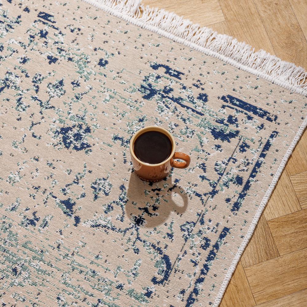 Mykonos Mediterranean Collection Jacquard Polycotton Carpet Blue-Carpets/Rugs