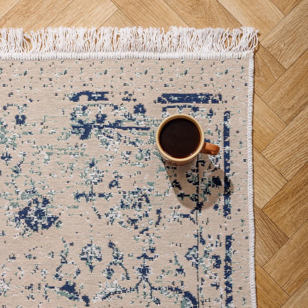 Mykonos Mediterranean Collection Jacquard Polycotton Carpet Blue-Carpets/Rugs