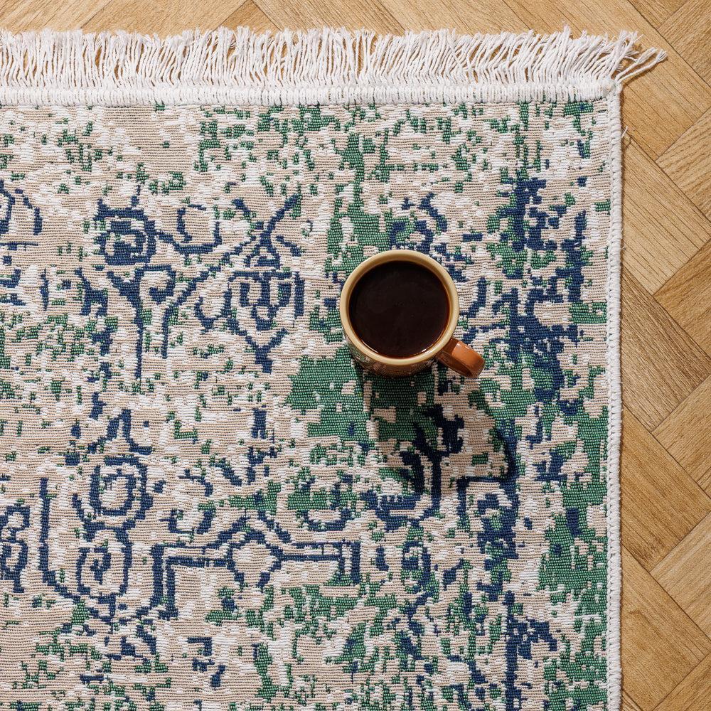 Paros Mediterranean Collection Jacquard Polycotton Carpet Blue Grey-Carpets/Rugs