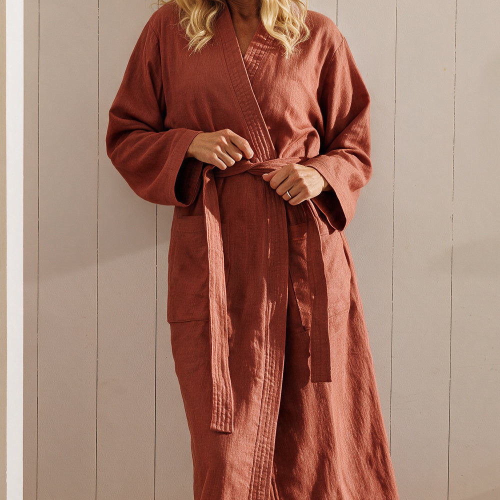 Whisper Soft Heritage Collection Linen and Cotton Kimono Rust-Bathrobes