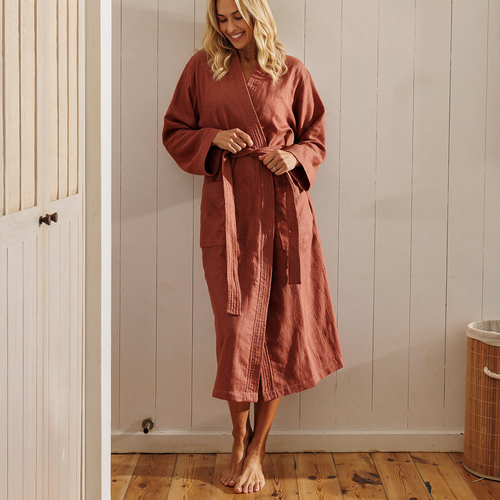 Whisper Soft Heritage Collection Linen and Cotton Kimono Rust-Bathrobes