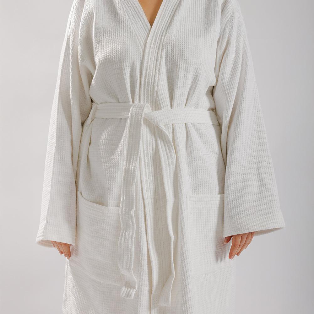 Whisper Soft Waffle Pique Towelling Bathrobe White-Bathrobes